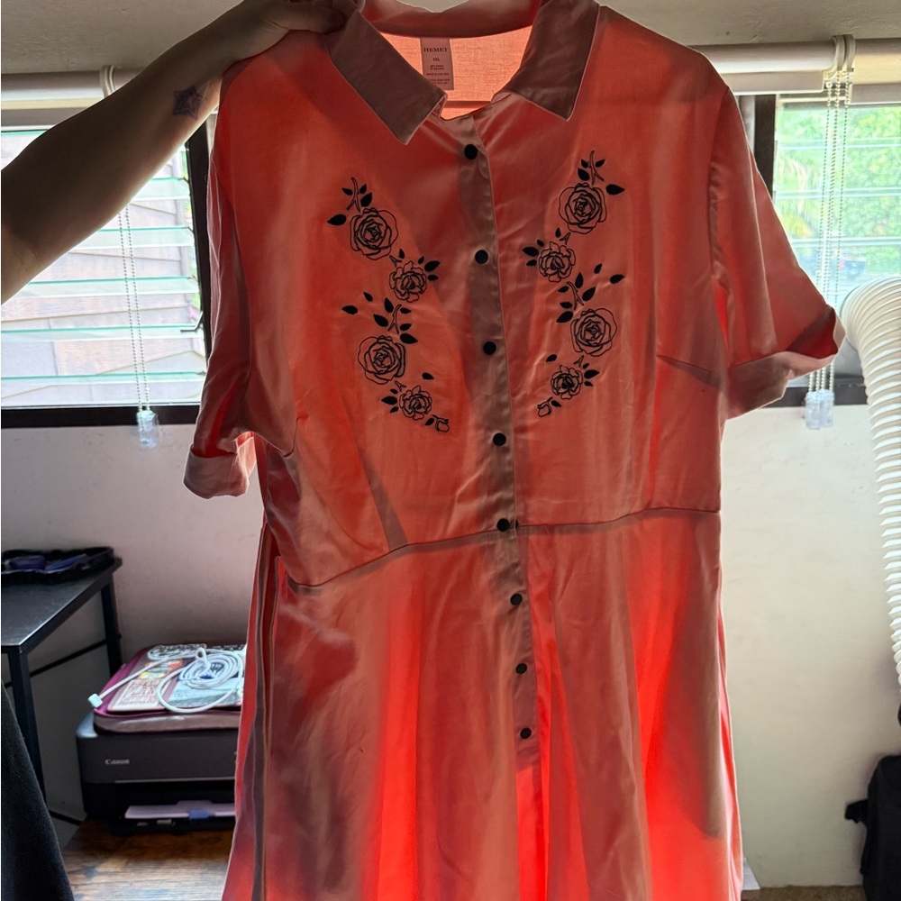 Hemet Pink Embroidered Floral Button-Up Dress